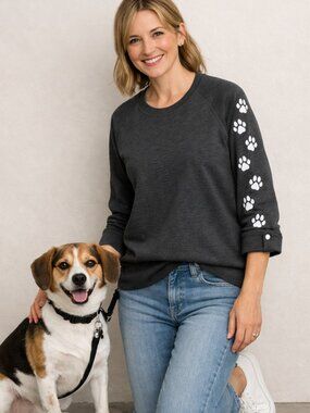 Instant Message Charcoal Sweatshirt with White Paw Print Sleeve Size S
